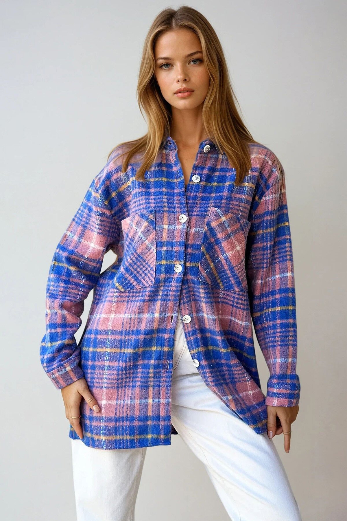 Havacı Mavisi Ekose Desenli Kaşe Pamuklu Oversize Safari Ceket Gömlek
