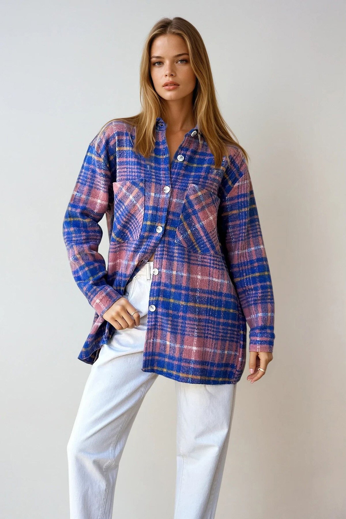 Havacı Mavisi Ekose Desenli Kaşe Pamuklu Oversize Safari Ceket Gömlek
