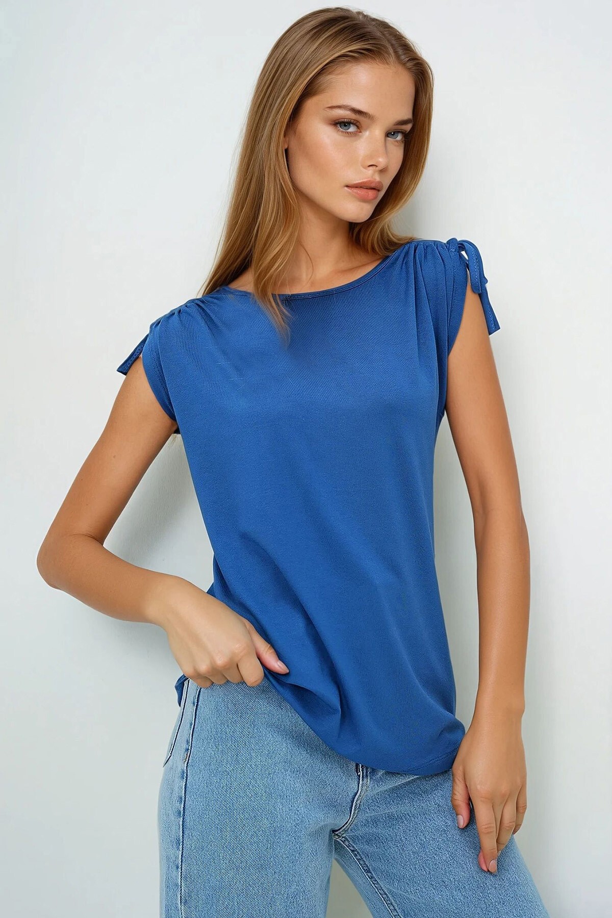 İndigo Bisiklet Yaka Sıfır Kol Omuzları Büzgülü T Shırt