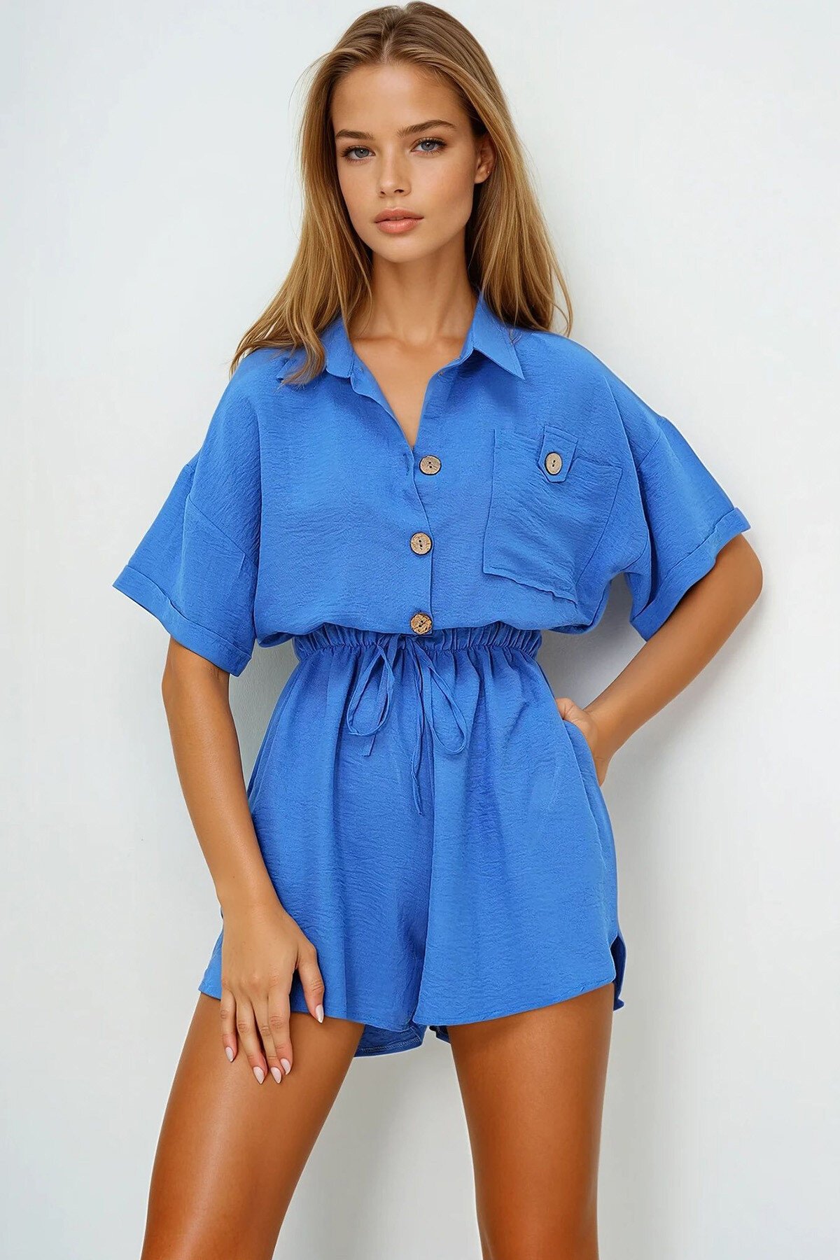 İndigo Gömlek Yaka Tek Cepli Beli Büzgülü Aerobin Şort Tulum
