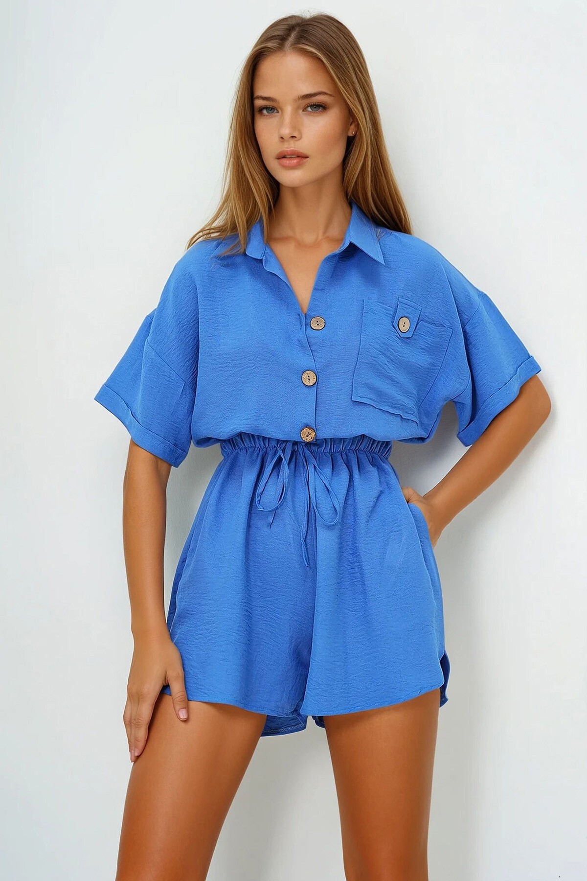 İndigo Gömlek Yaka Tek Cepli Beli Büzgülü Aerobin Şort Tulum