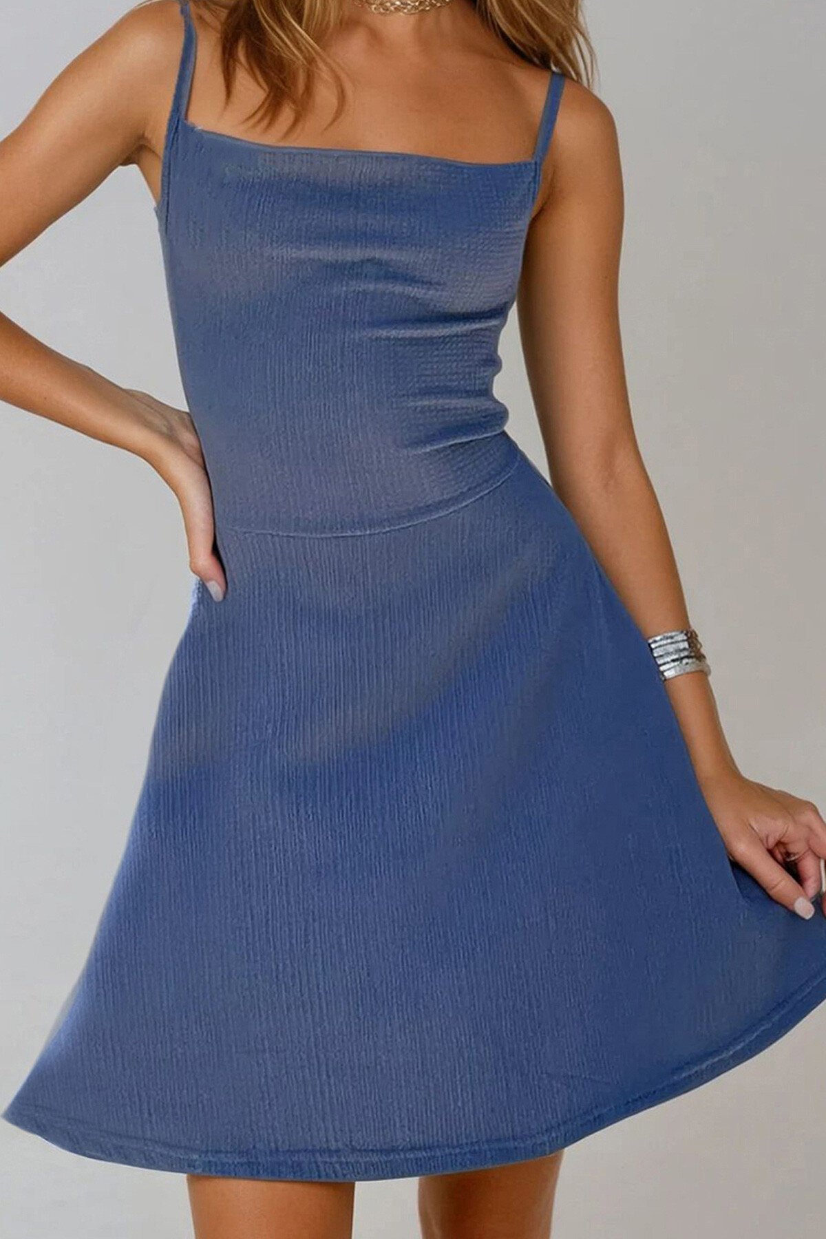 İndigo İnce Askılı Kloş Bürümcük Mini Elbise