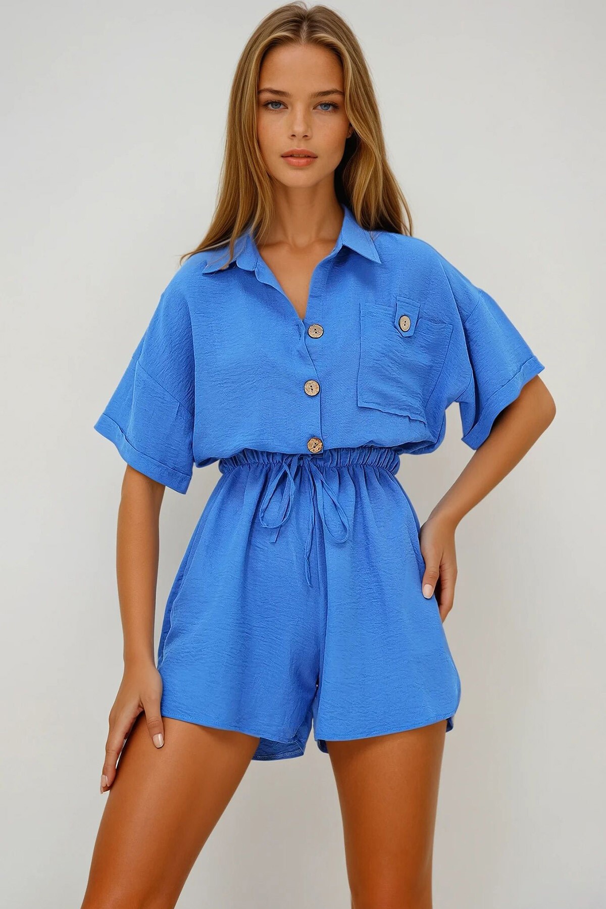 İndigo Mavi Gömlek Yaka Çift Cepli Şort Tulum