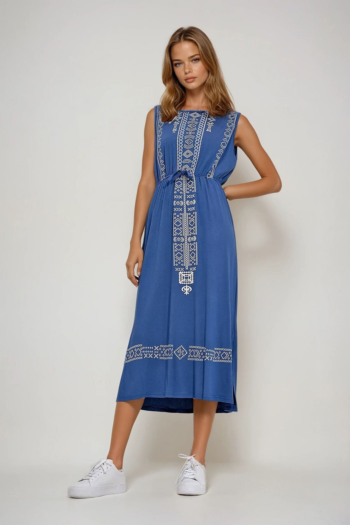 İndigo Nakış Baskılı Bohem Elbise