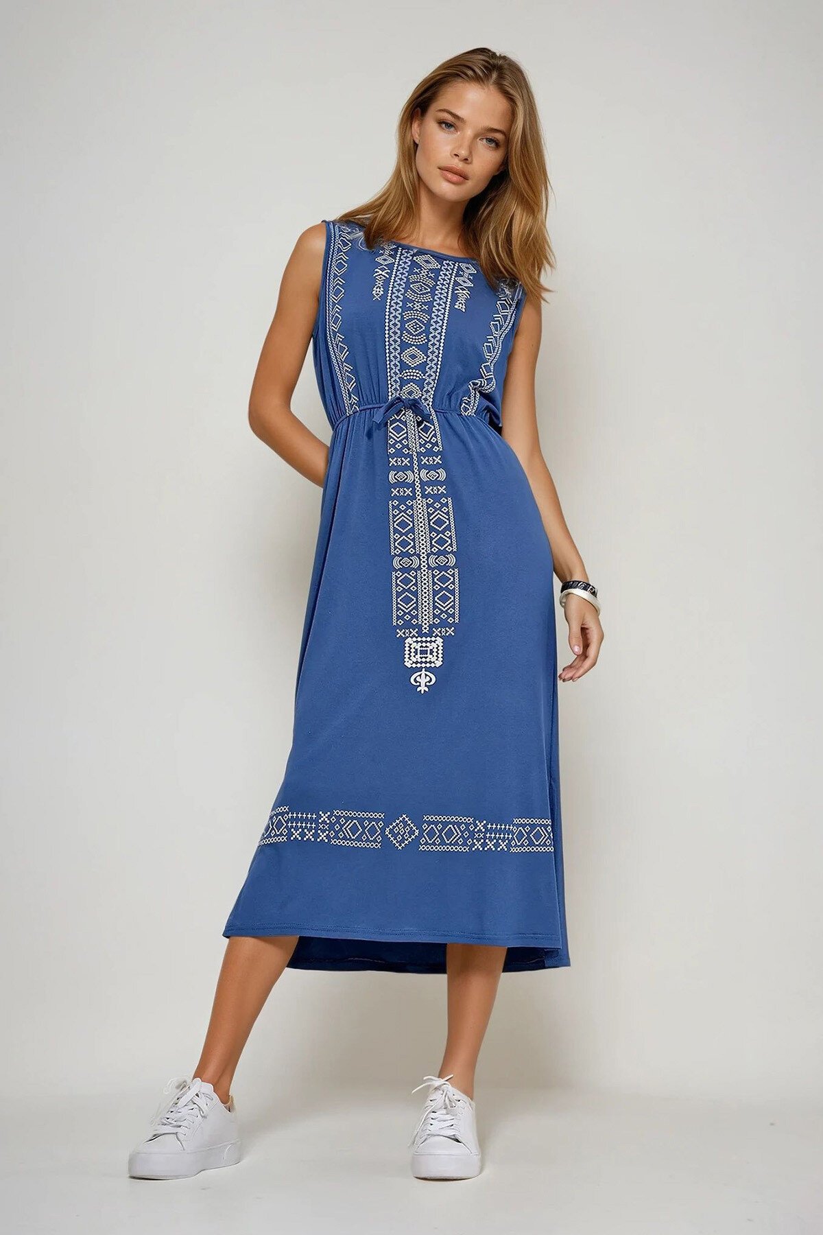 İndigo Nakış Baskılı Bohem Elbise