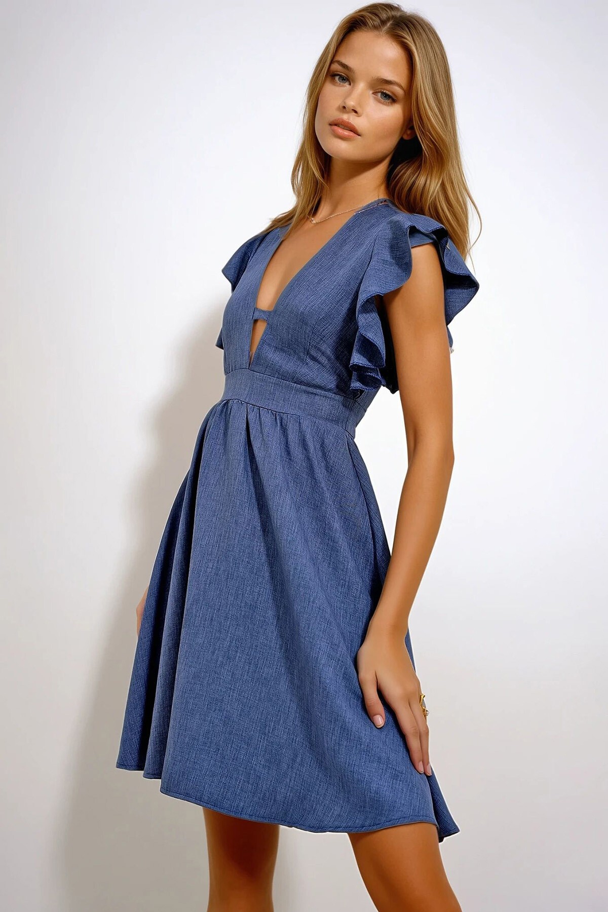 İndigo V Yaka Kolları Volanlı Sırtı Fermuarlı Aerobin Keten Dokuma Elbise