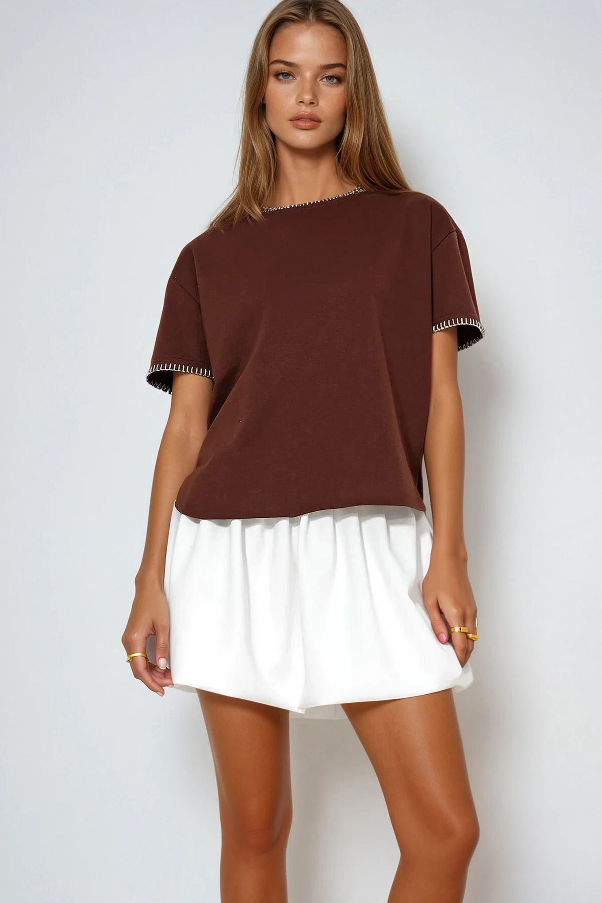 Kahve Bisiklet Yaka Çoban Dikişli Relaxed Fit Bluz