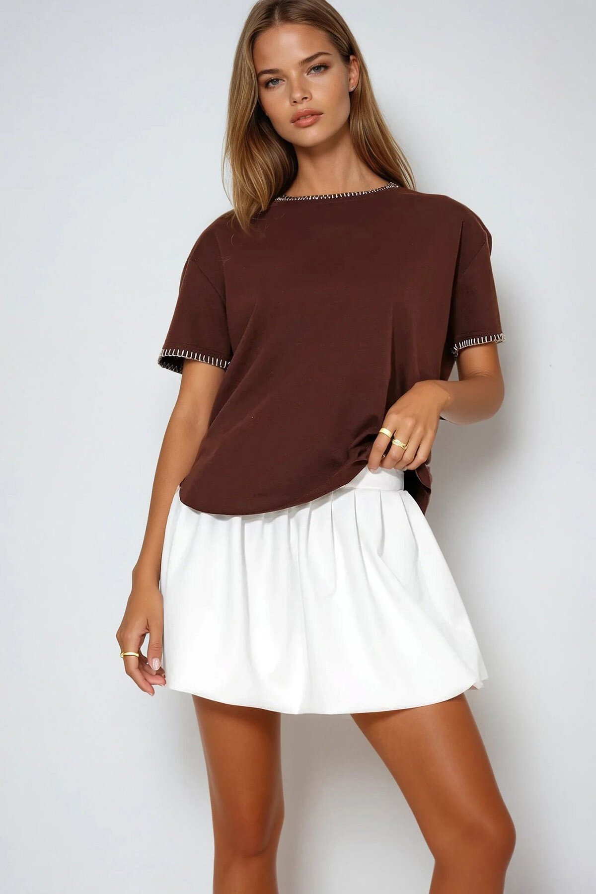 Kahve Bisiklet Yaka Çoban Dikişli Relaxed Fit Bluz