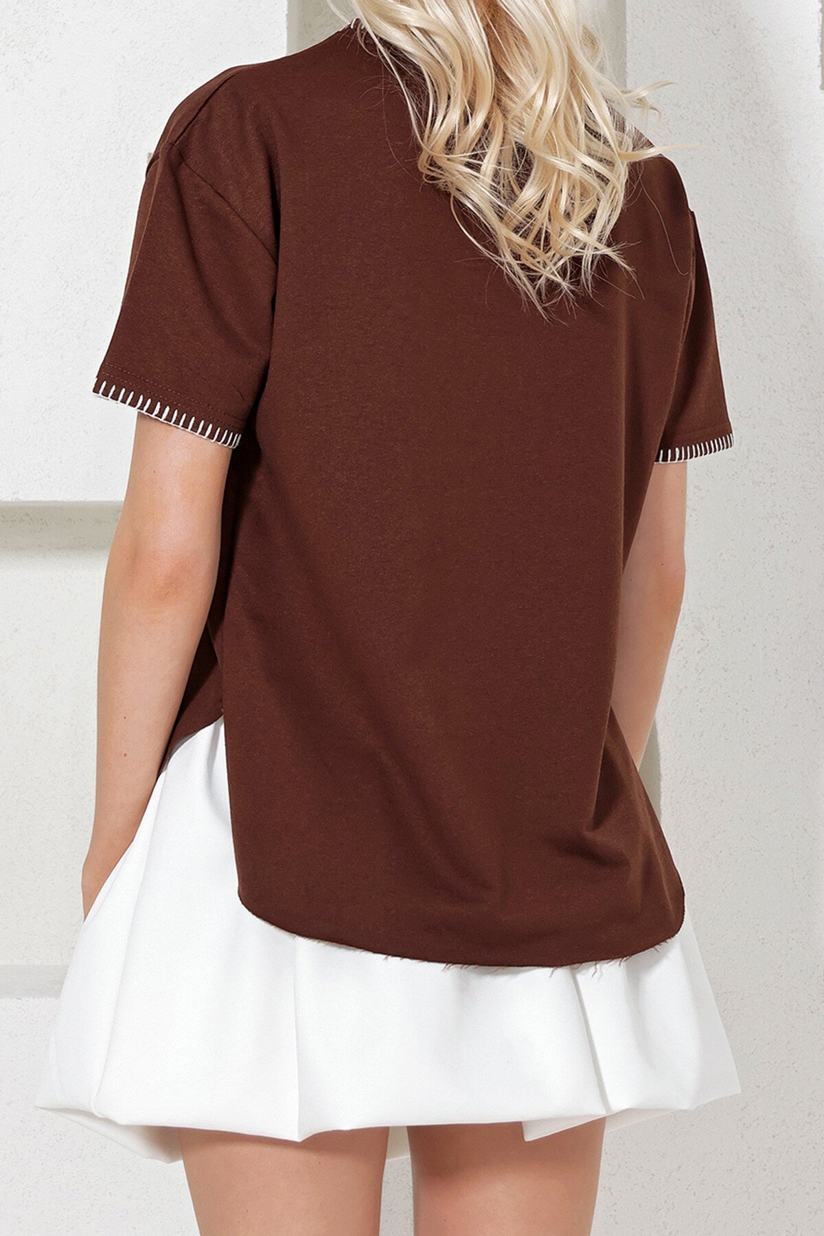 Kahve Bisiklet Yaka Çoban Dikişli Relaxed Fit Bluz