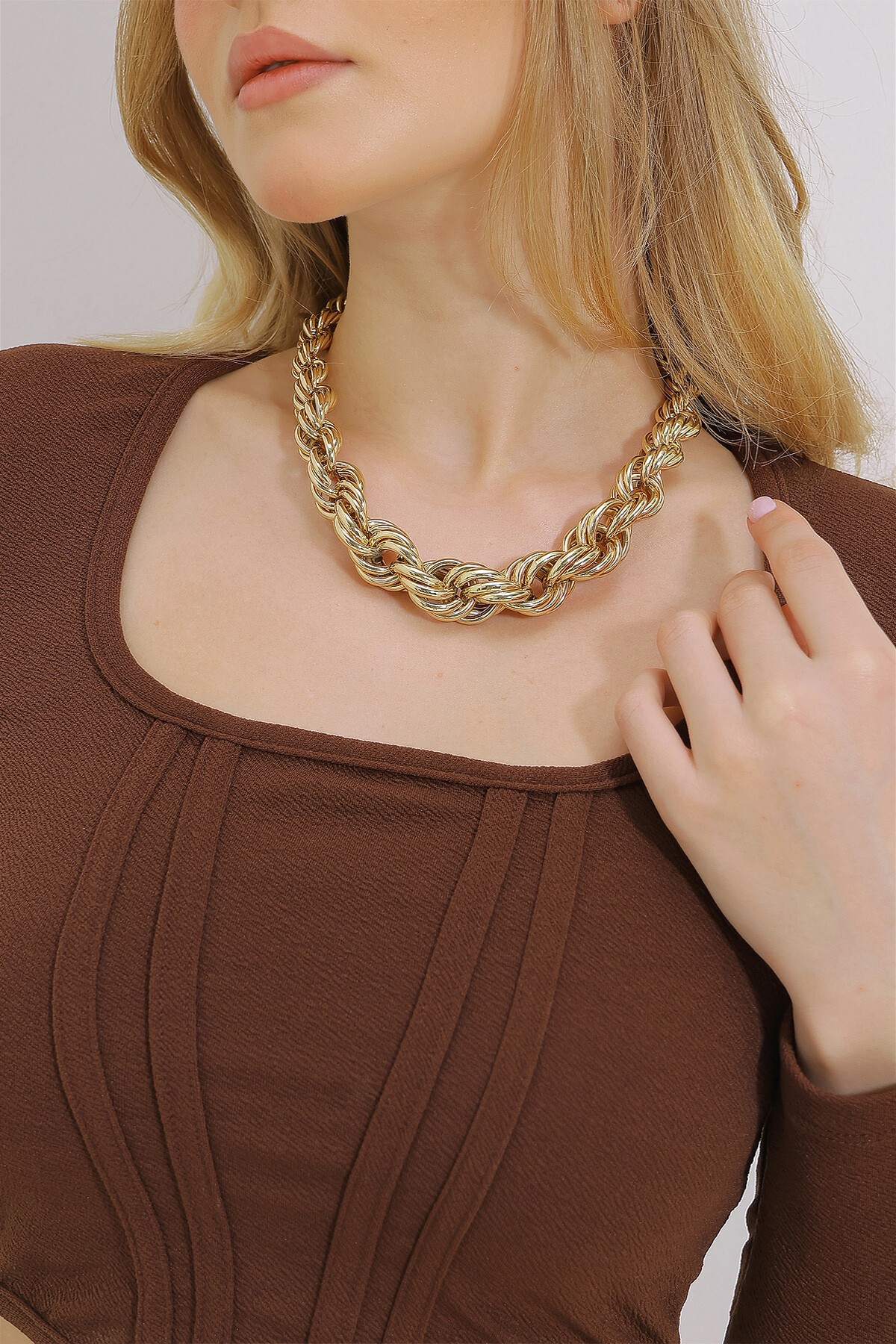 Kahve Kare Yaka Önü Dikişli Crop Bluz