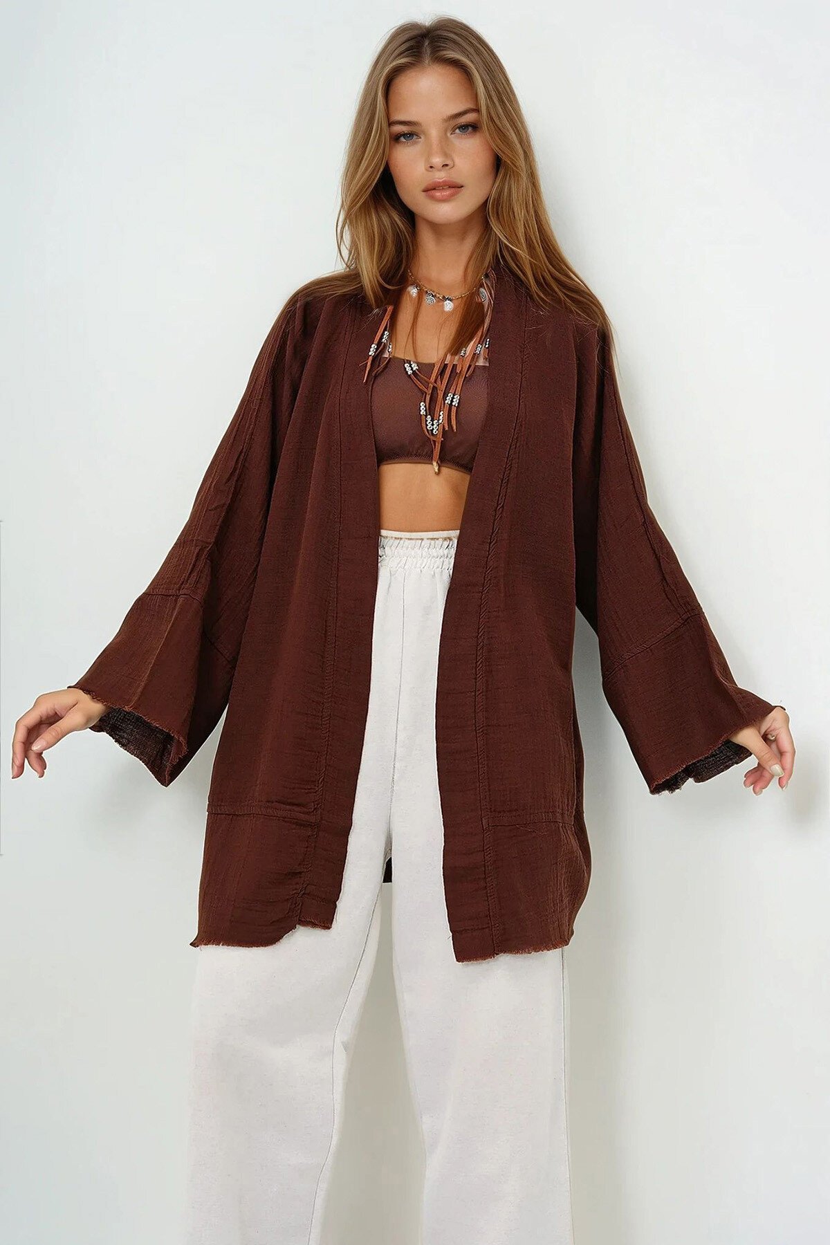 Kahve Sırtı Nakışlı Püskül Detaylı Keten Kimono Ceket