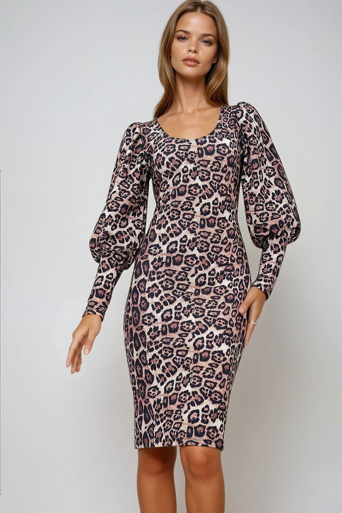 Kahve Siyah Kayık Yaka Leopar Desenli Prenses Kol Midi Boy Scuba Elbise
