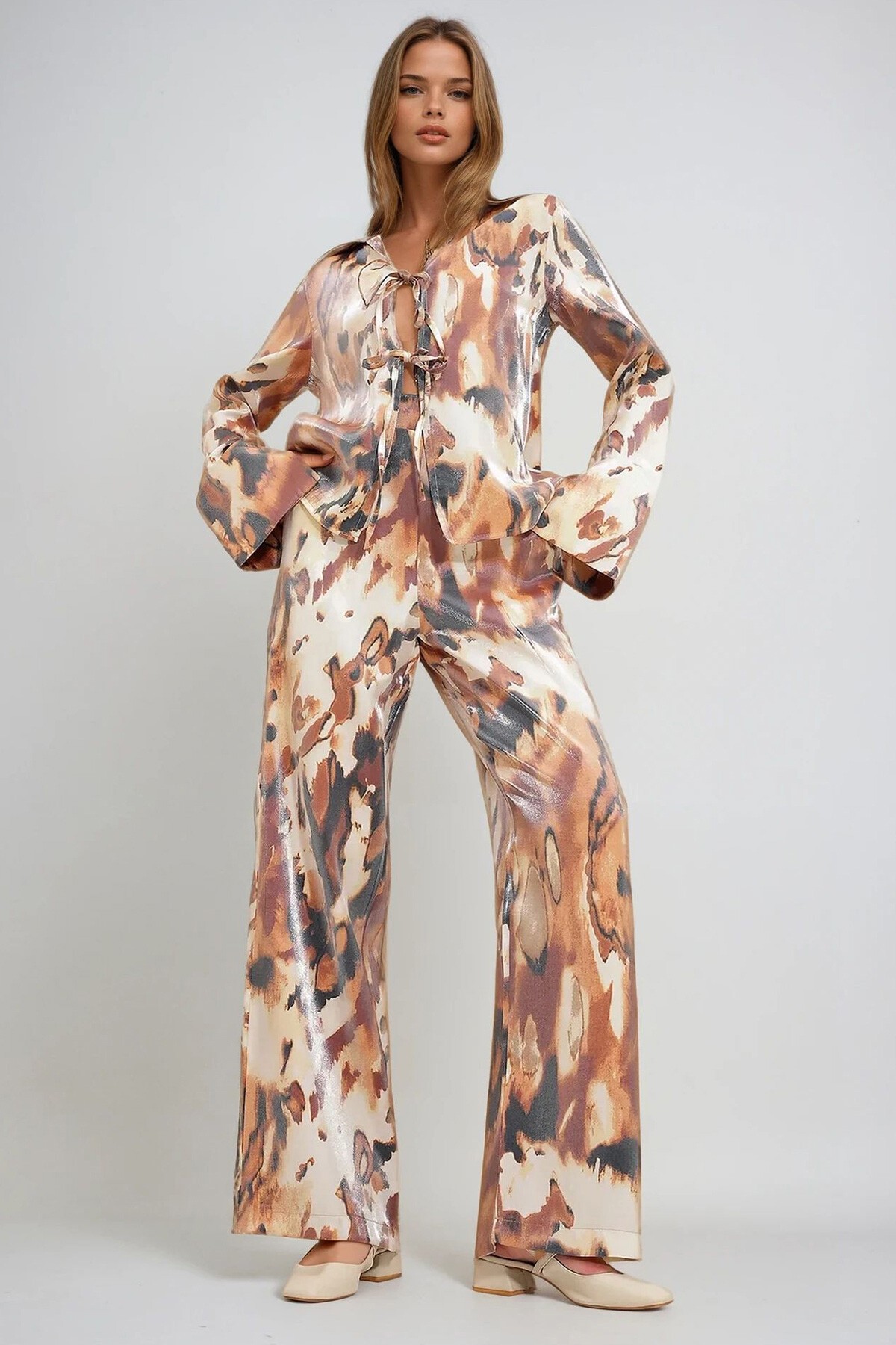 Kahve Taş Parlak Efektli Palazzo Pantolon Ve Gömlek Alt Üst Takım