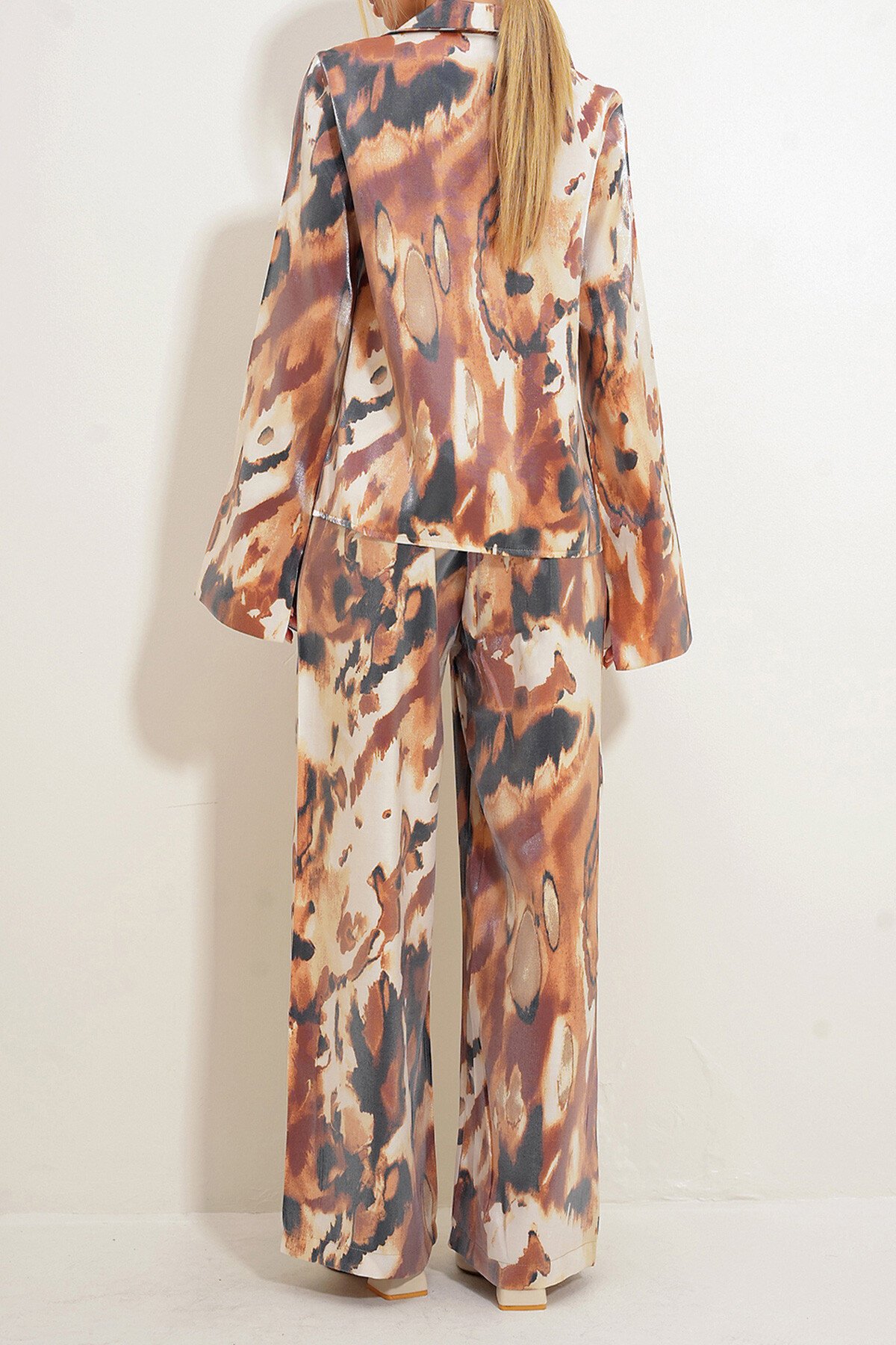 Kahve Taş Parlak Efektli Palazzo Pantolon Ve Gömlek Alt Üst Takım