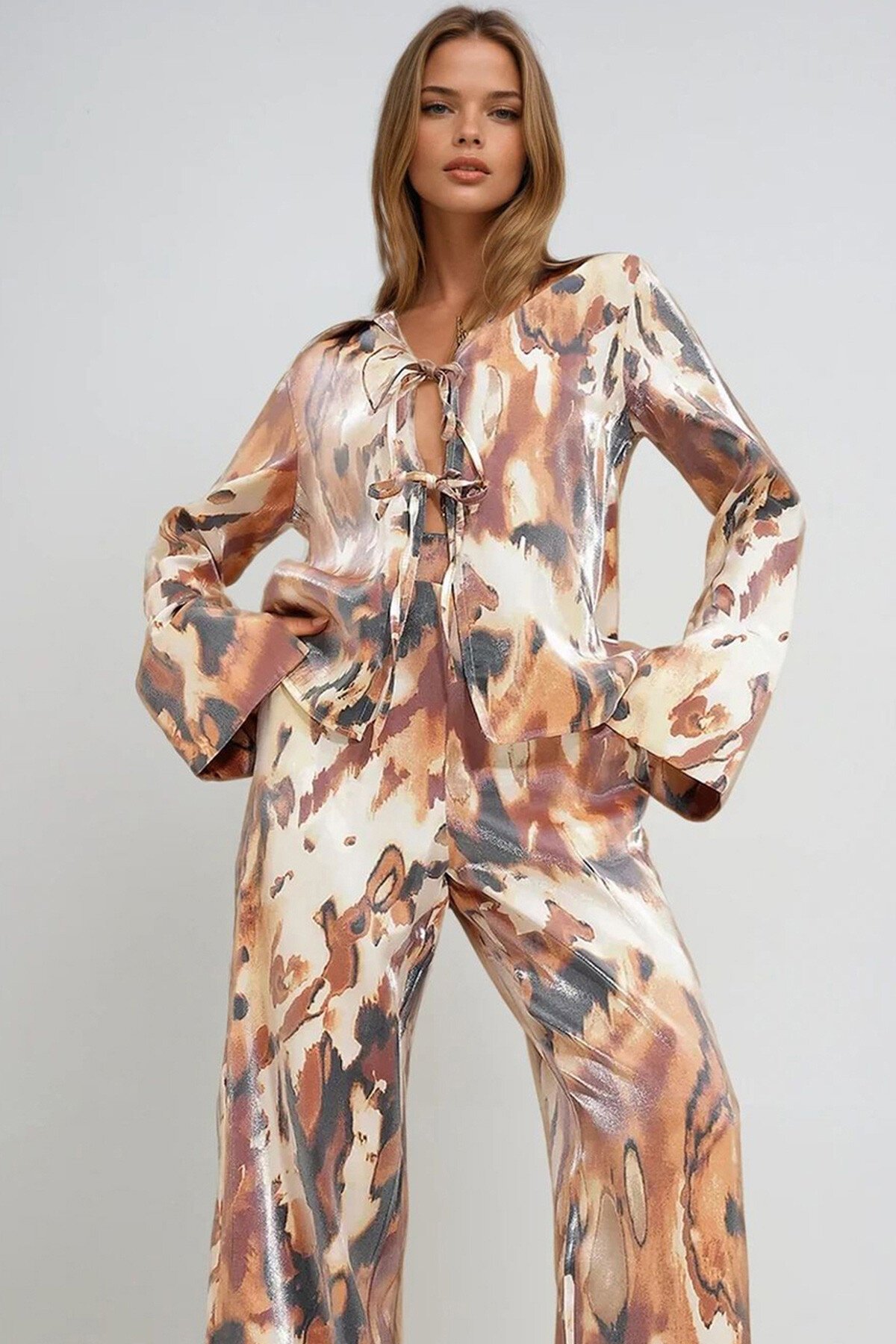 Kahve Taş Parlak Efektli Palazzo Pantolon Ve Gömlek Alt Üst Takım