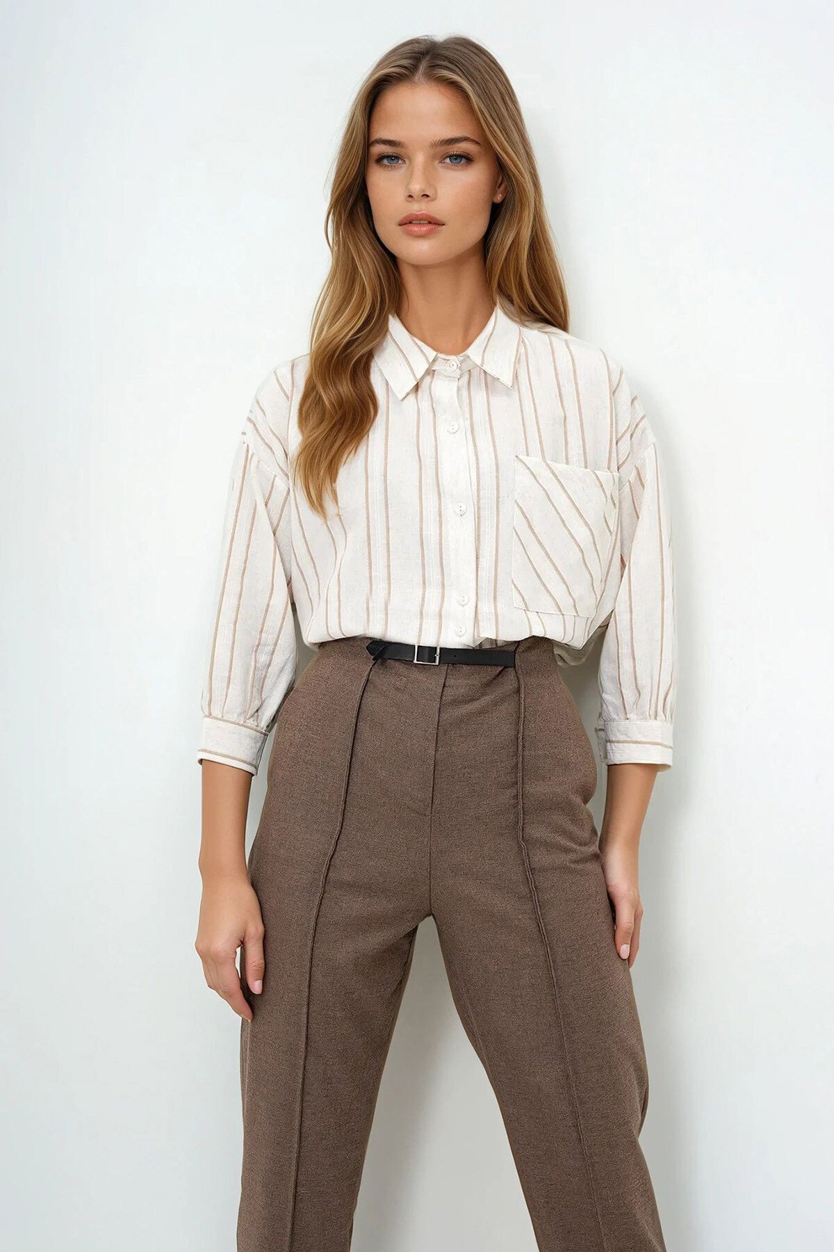 Kahve Tek Cepli Oversize Gömlek