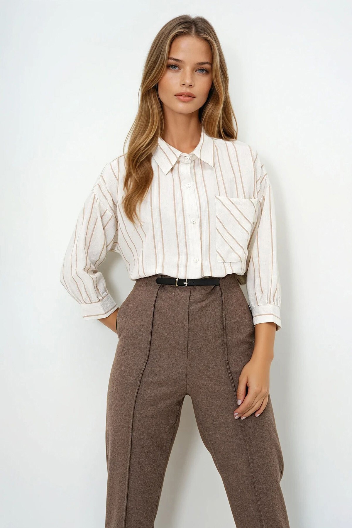 Kahve Tek Cepli Oversize Gömlek