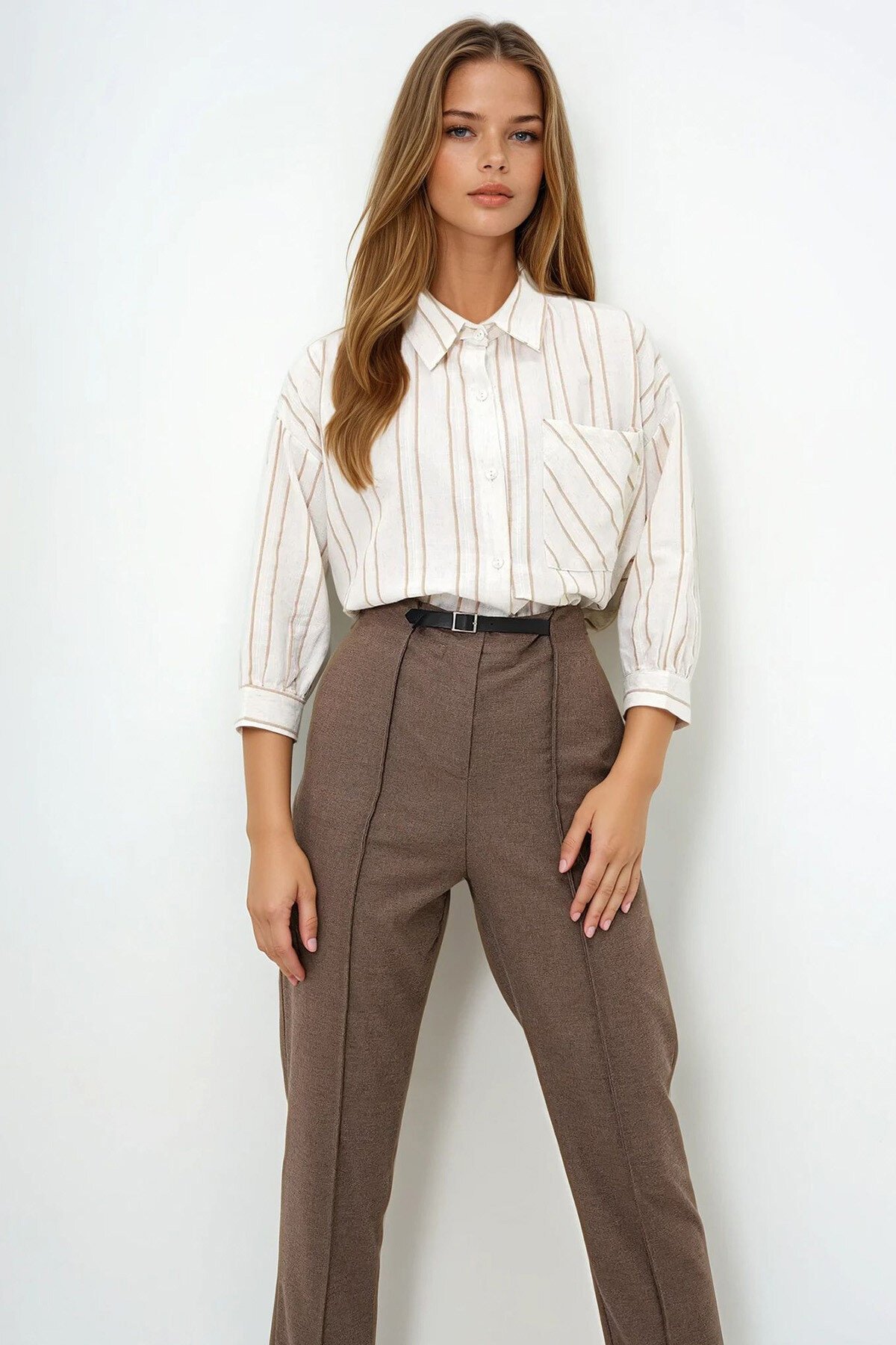 Kahve Tek Cepli Oversize Gömlek