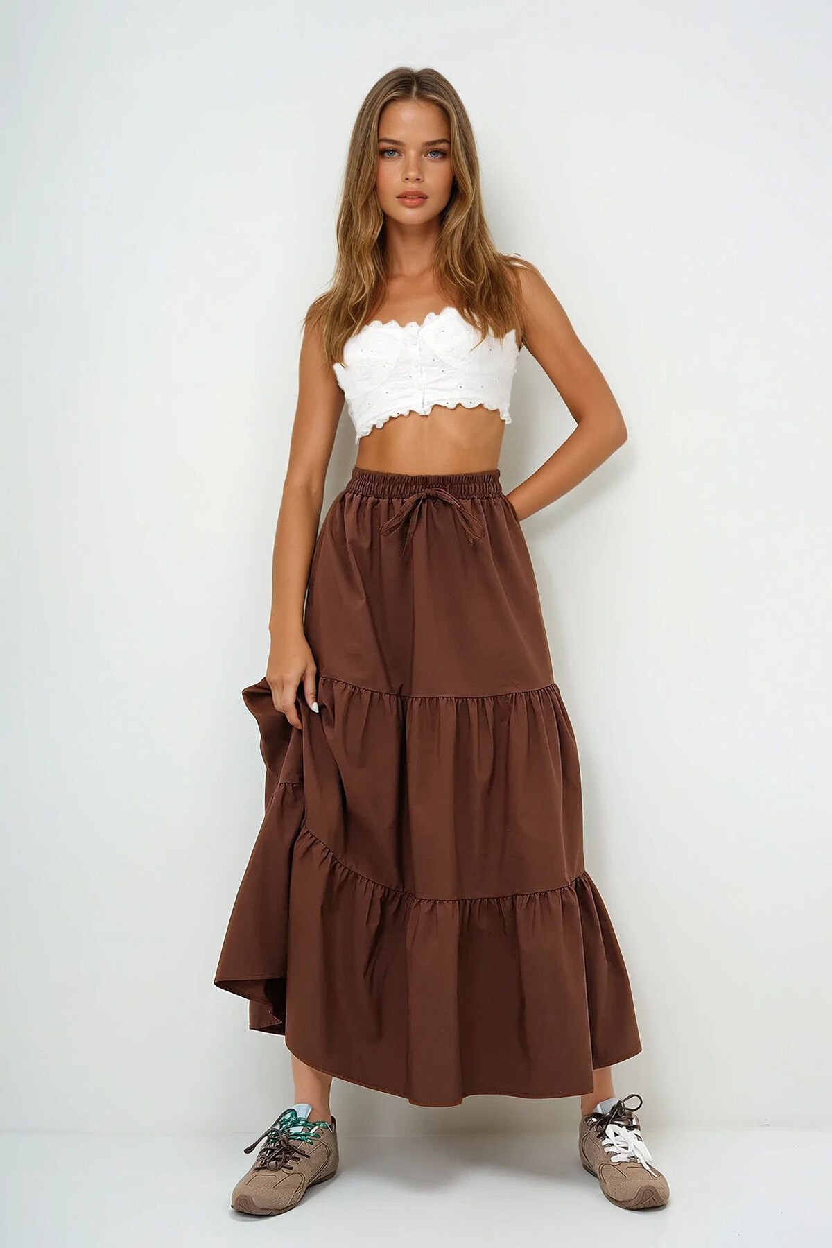 Kahverengi Astarlı Kat Kat Volanlı  Beli Lastikli Poplin Dokuma Etek