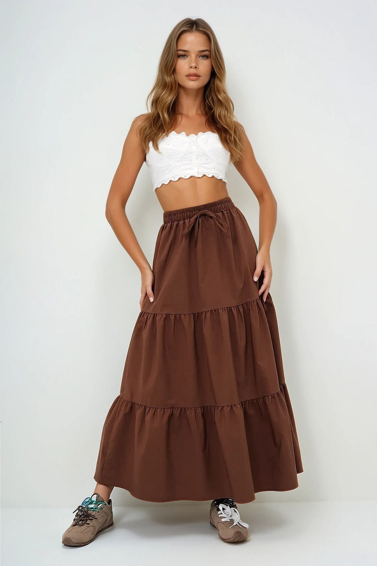 Kahverengi Astarlı Kat Kat Volanlı  Beli Lastikli Poplin Dokuma Etek
