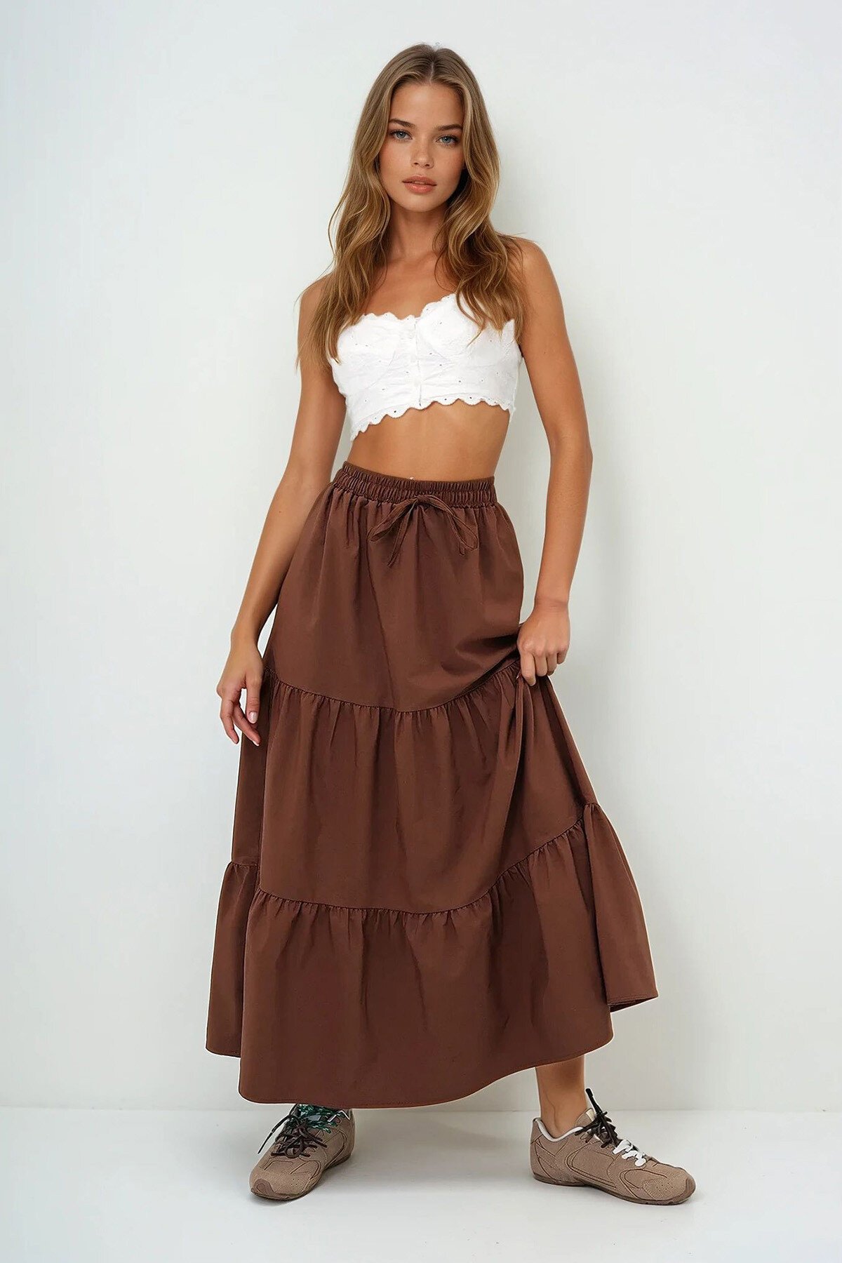 Kahverengi Astarlı Kat Kat Volanlı  Beli Lastikli Poplin Dokuma Etek