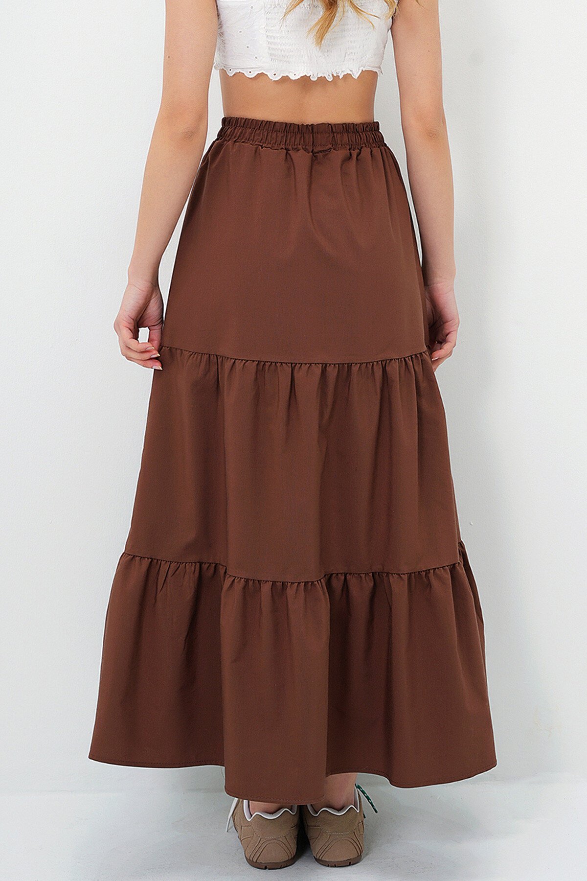 Kahverengi Astarlı Kat Kat Volanlı  Beli Lastikli Poplin Dokuma Etek