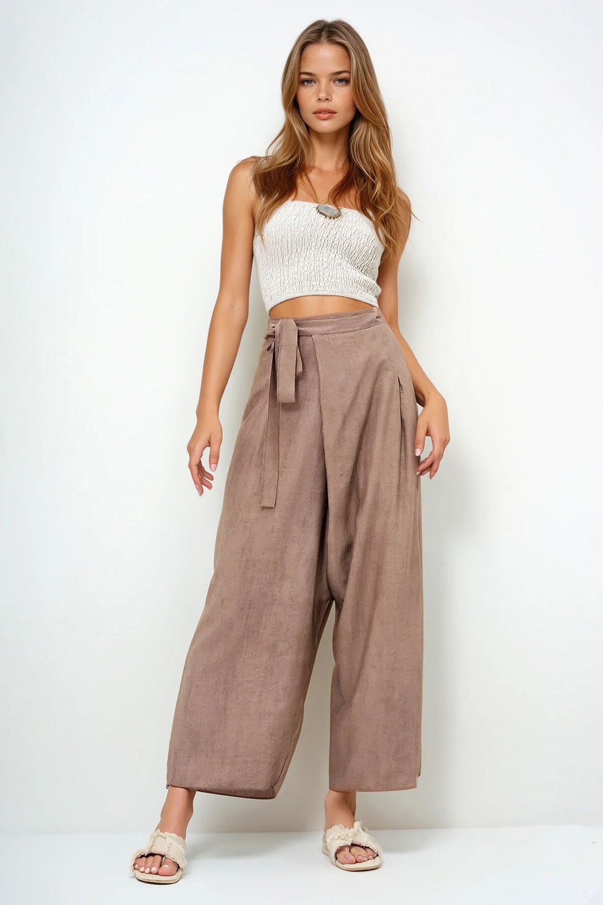 Kahverengi Bağlama Detaylı Şalvar Kesim Aerobin Pantolon