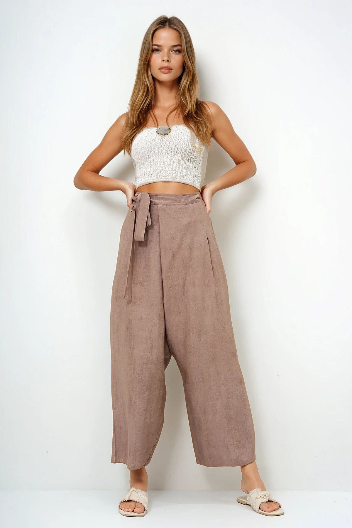 Kahverengi Bağlama Detaylı Şalvar Kesim Aerobin Pantolon