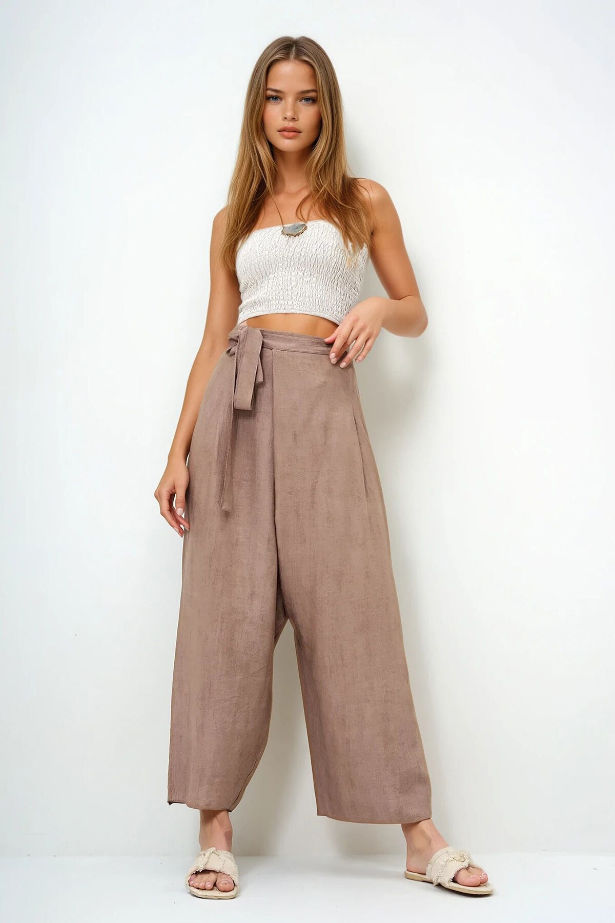 Kahverengi Bağlama Detaylı Şalvar Kesim Aerobin Pantolon