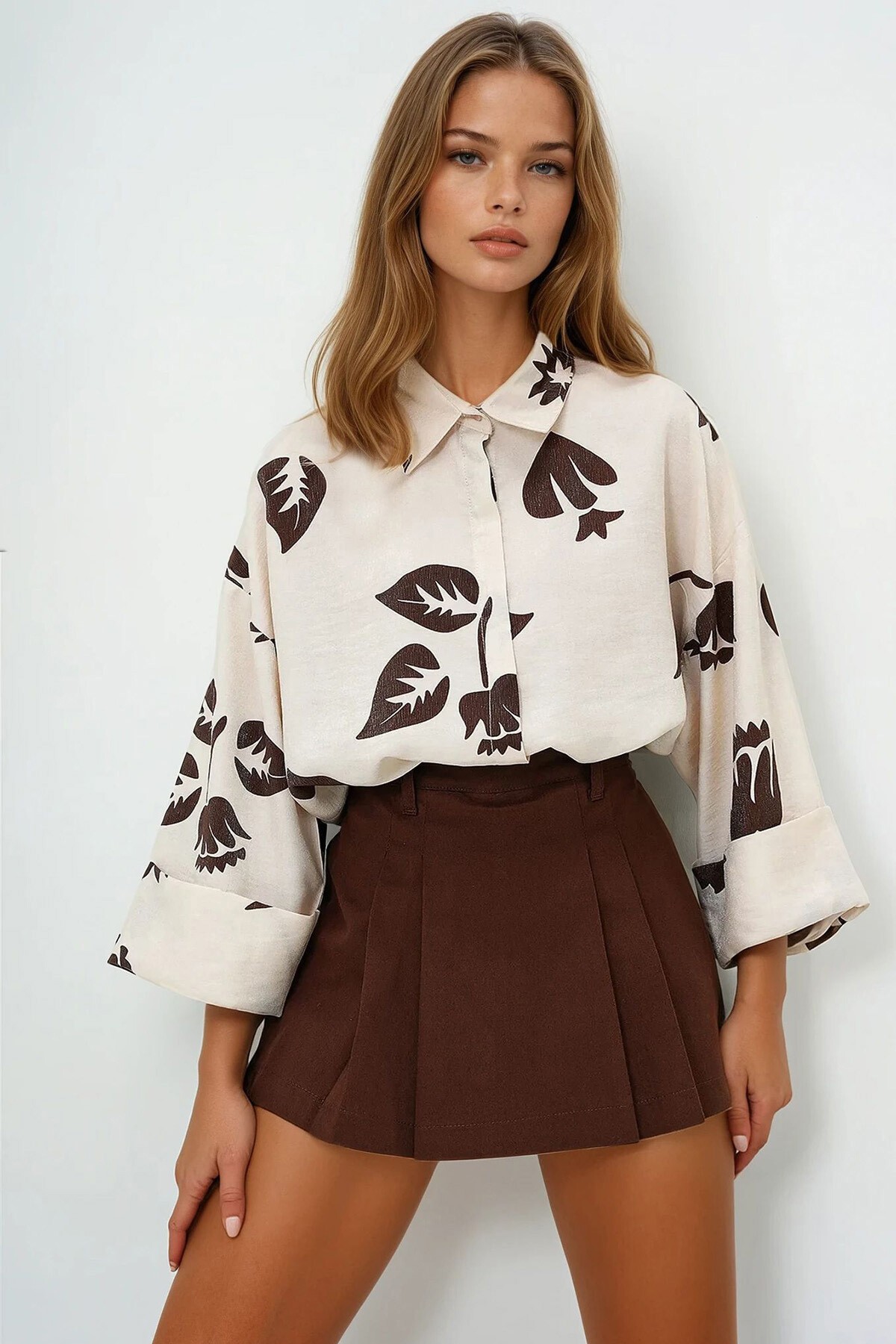 Kahverengi Bej Double Manşetli Yaprak Desenli Dokuma Gömlek
