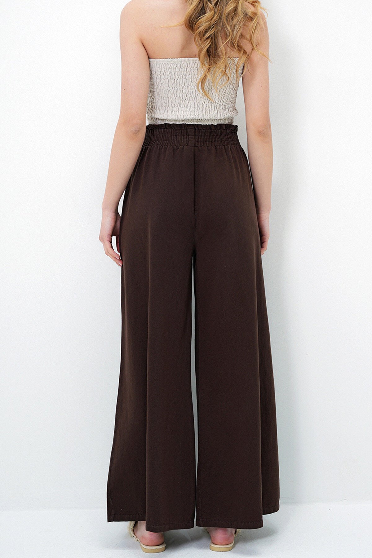 Kahverengi Beli Gipeli Çift Cepli Bol Paça Gabardin Pantolon