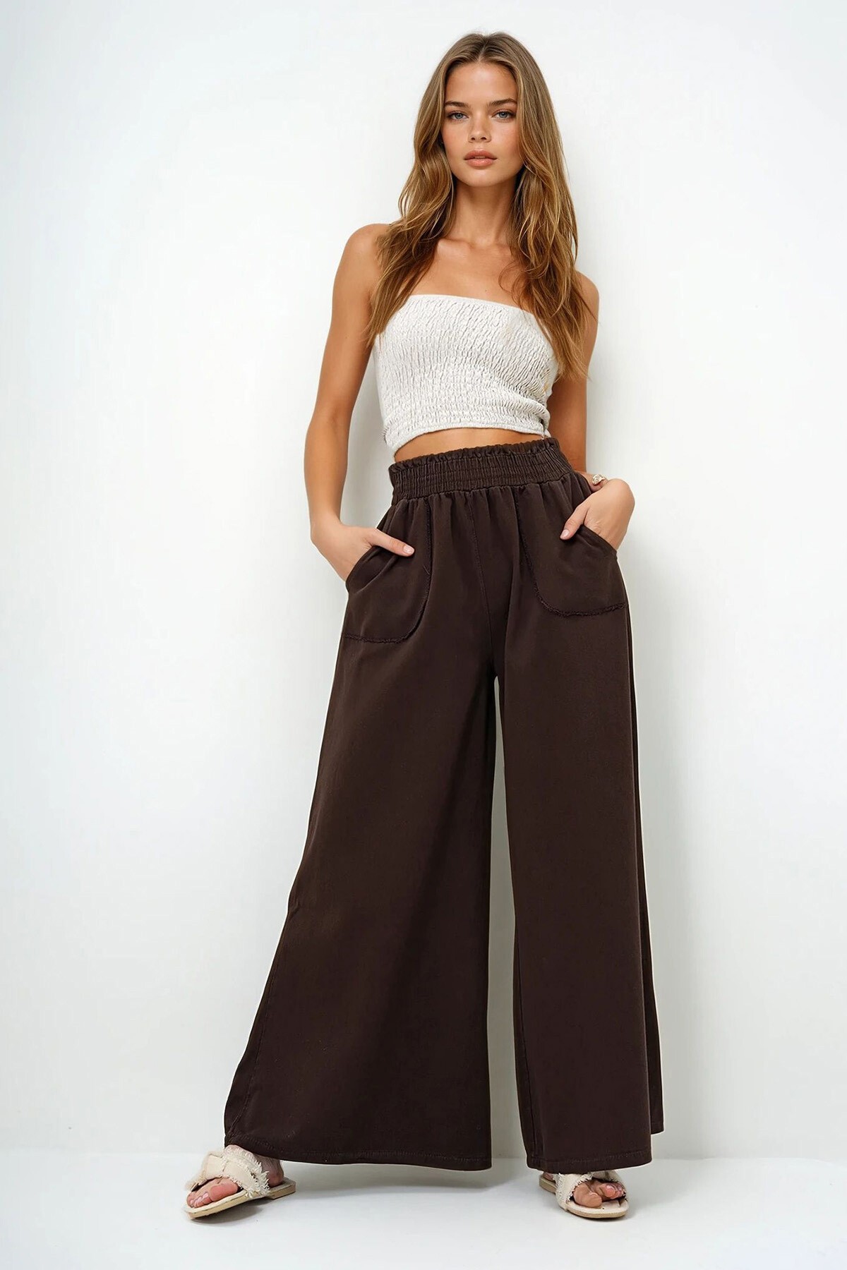 Kahverengi Beli Gipeli Çift Cepli Bol Paça Gabardin Pantolon