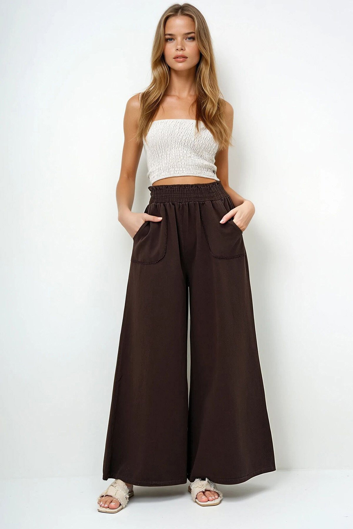 Kahverengi Beli Gipeli Çift Cepli Bol Paça Gabardin Pantolon