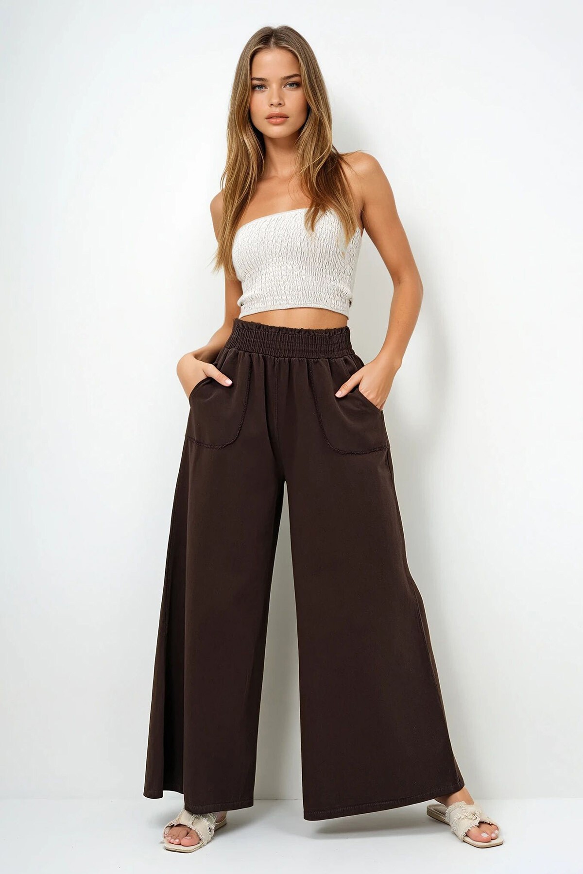 Kahverengi Beli Gipeli Çift Cepli Bol Paça Gabardin Pantolon