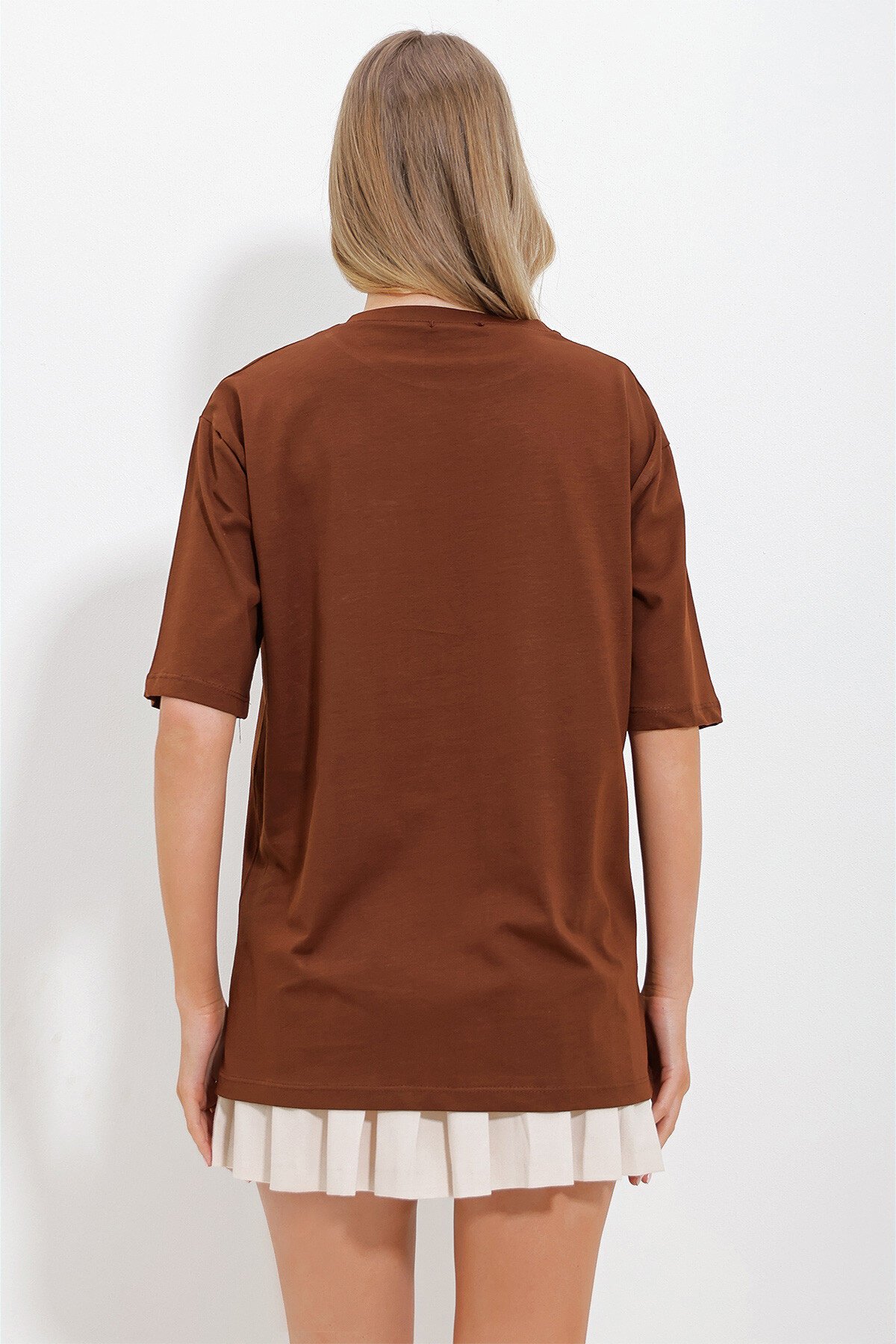 Kahverengi Bisiklet Yaka Örgü Cepli İki İplik T-Shirt