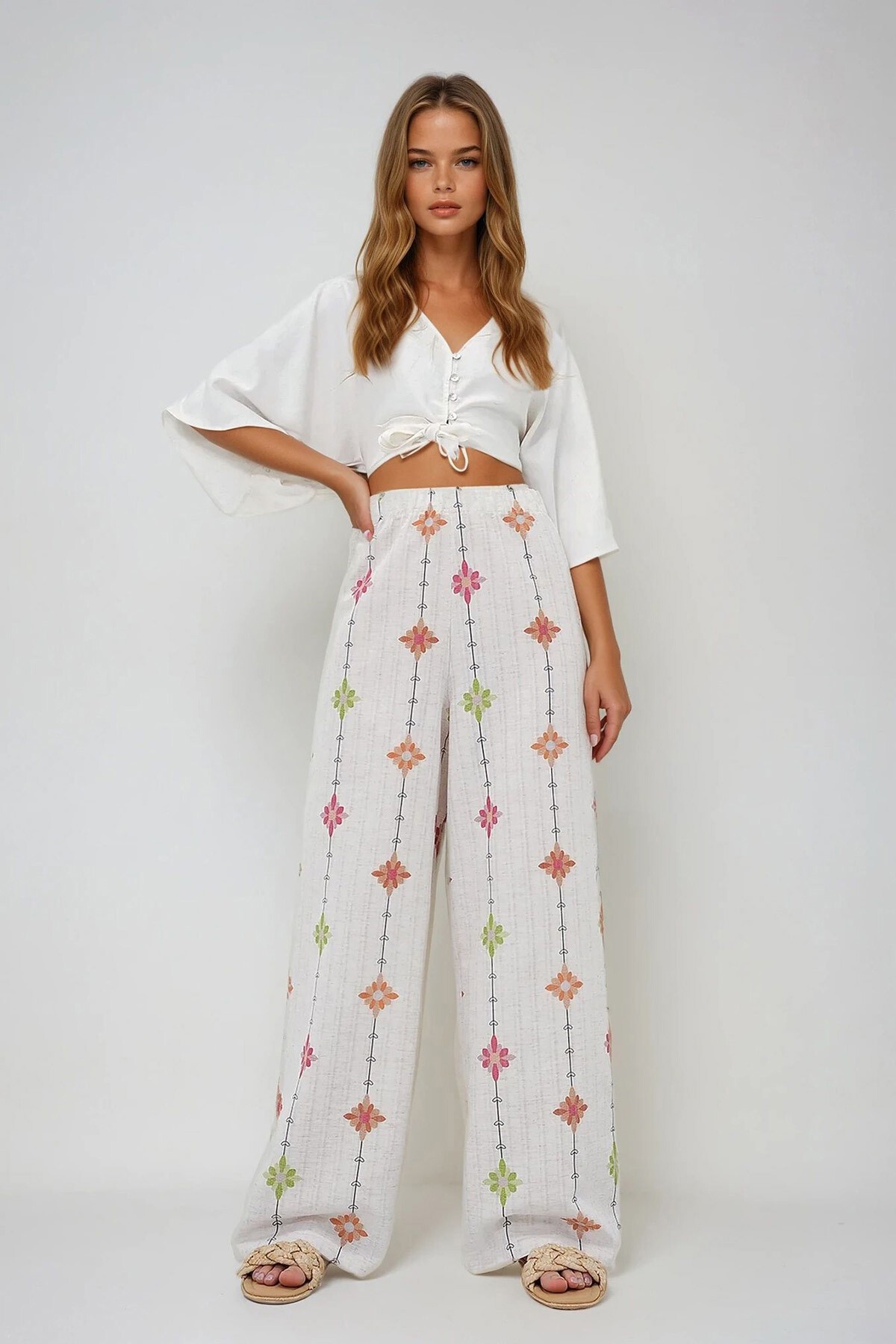 Kahverengi Çiçek Desenli Beli Lastikli Keten Pantolon