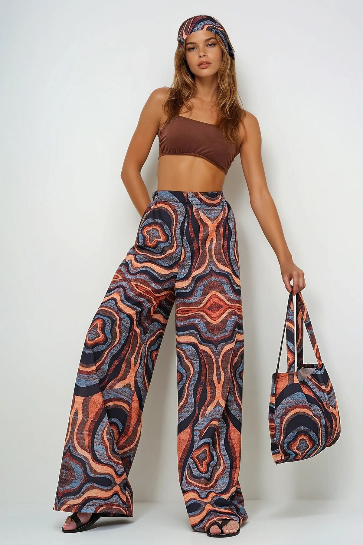Kahverengi Desenli Beli Lastikli Palazzo Pantolon Çanta Ve Bandana Takım