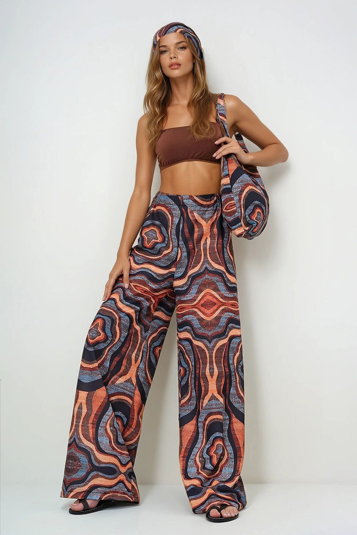 Kahverengi Desenli Beli Lastikli Palazzo Pantolon Çanta Ve Bandana Takım