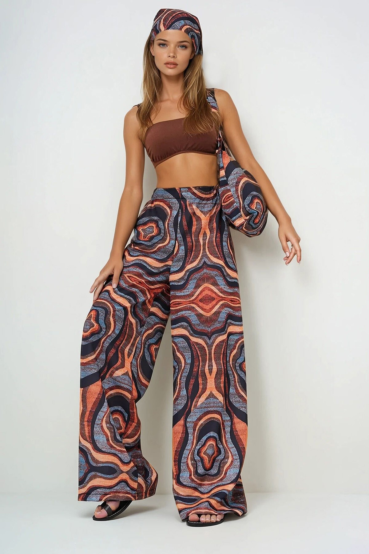 Kahverengi Desenli Beli Lastikli Palazzo Pantolon Çanta Ve Bandana Takım