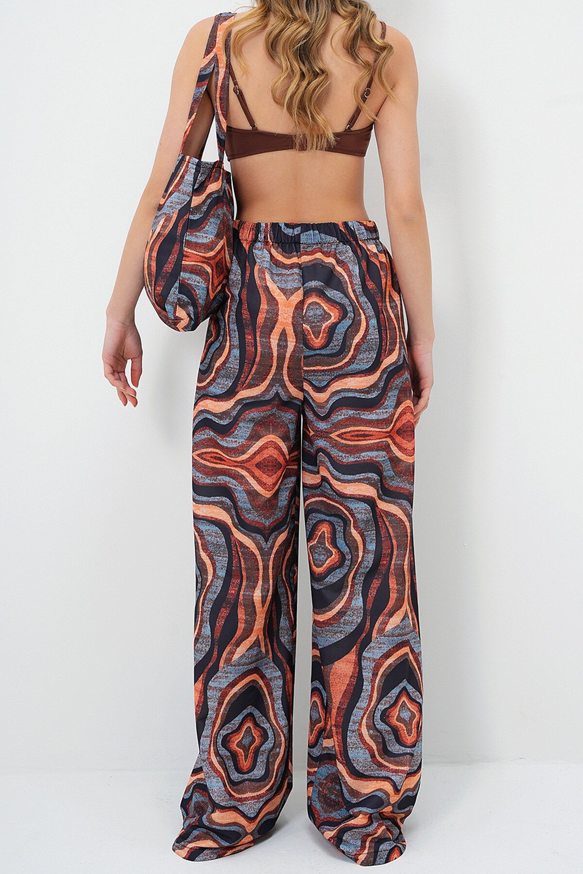 Kahverengi Desenli Beli Lastikli Palazzo Pantolon Çanta Ve Bandana Takım