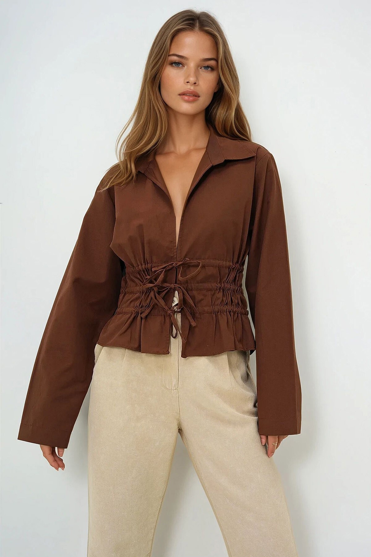 Kahverengi Gömlek Yaka Gipeli Bağlama Detaylı Poplin Gömlek