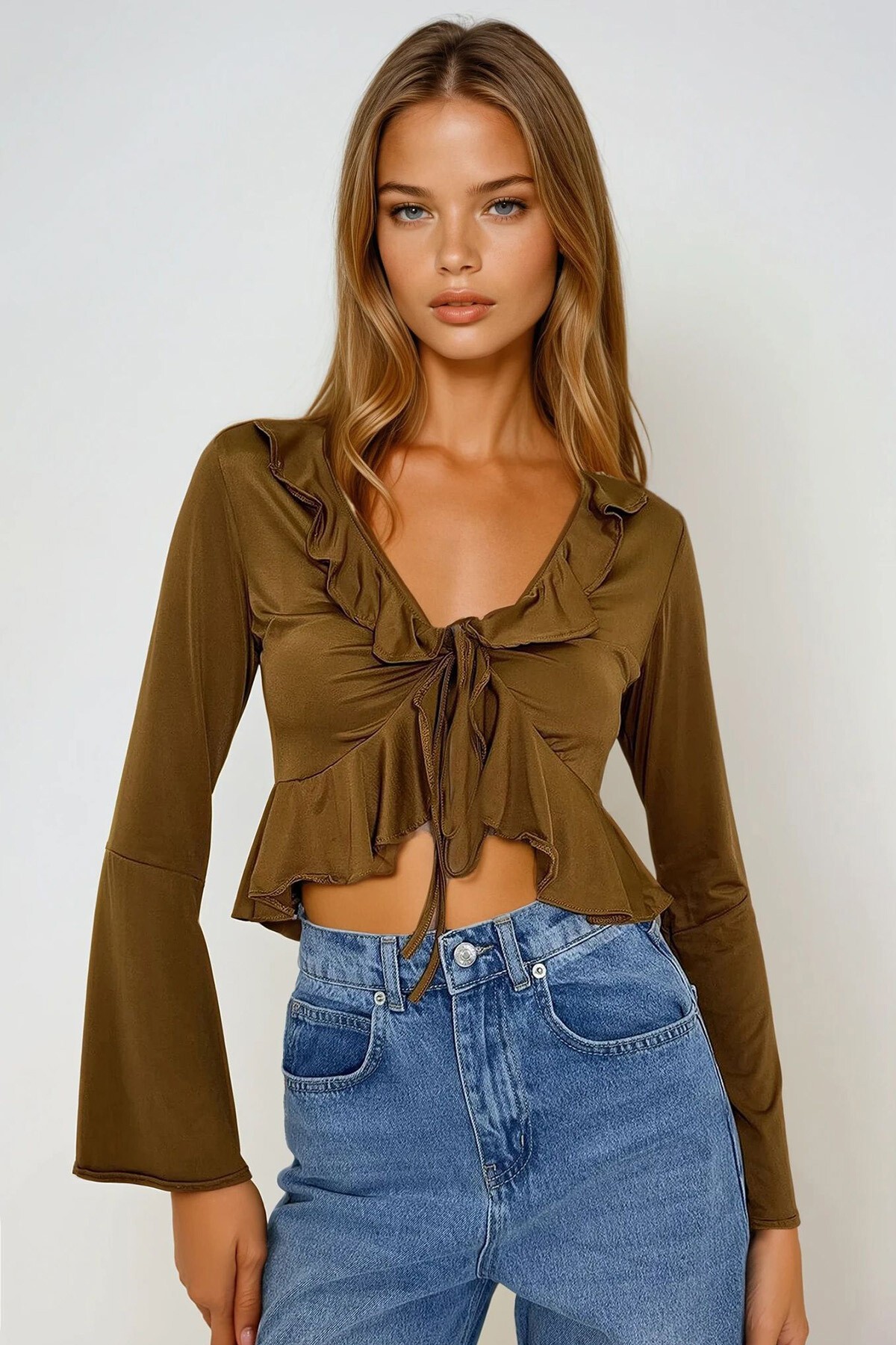 Kahverengi Önden Bağlamalı  İspanyol Kol Fırfır Detaylı Örme Bluz