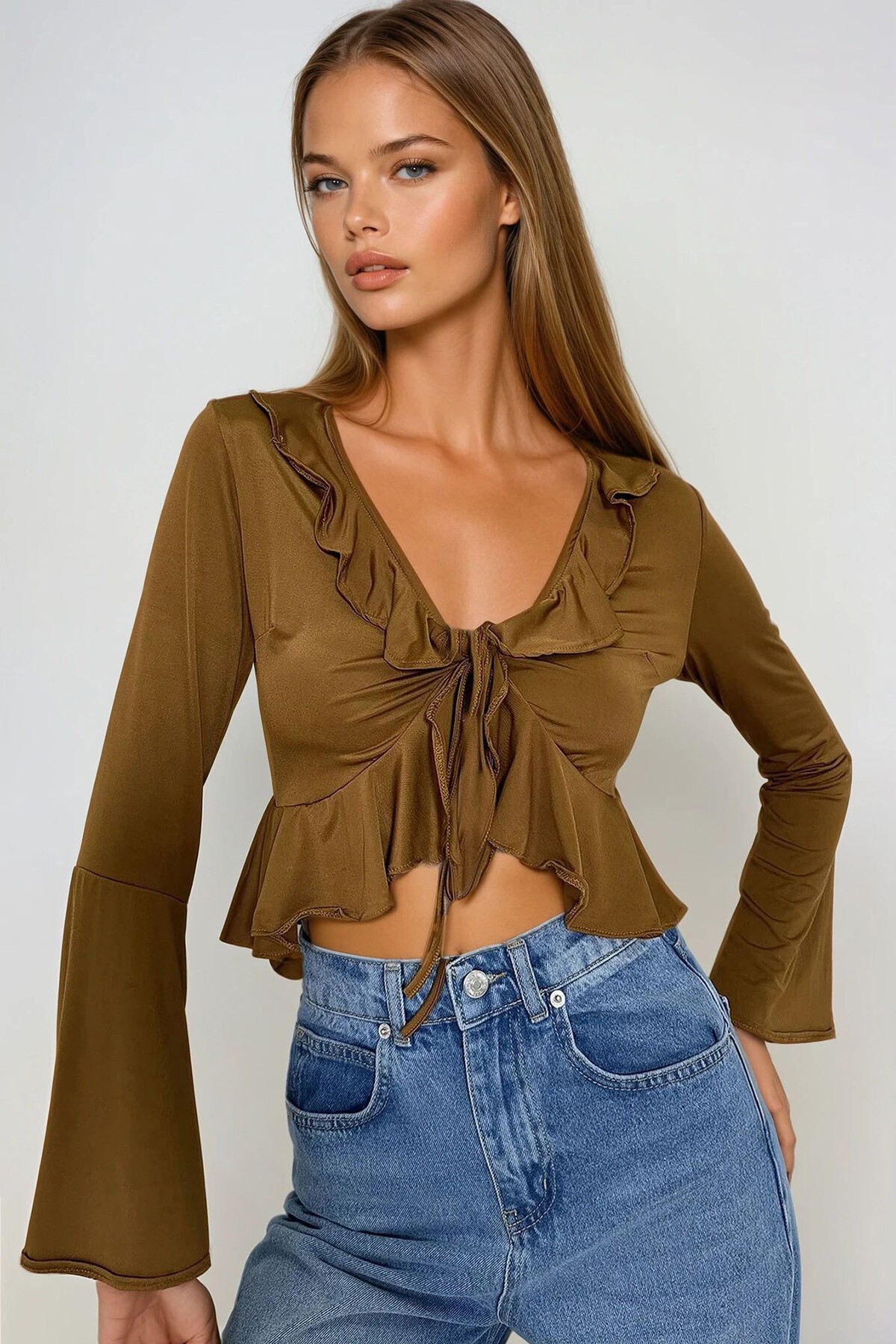 Kahverengi Önden Bağlamalı  İspanyol Kol Fırfır Detaylı Örme Bluz