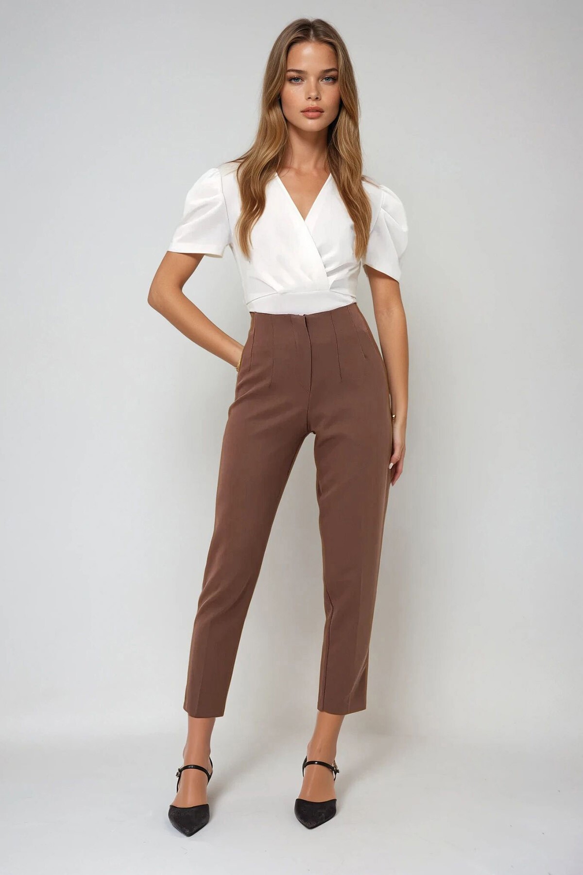 Kahverengi Yüksek Bel Havuç Pantolon