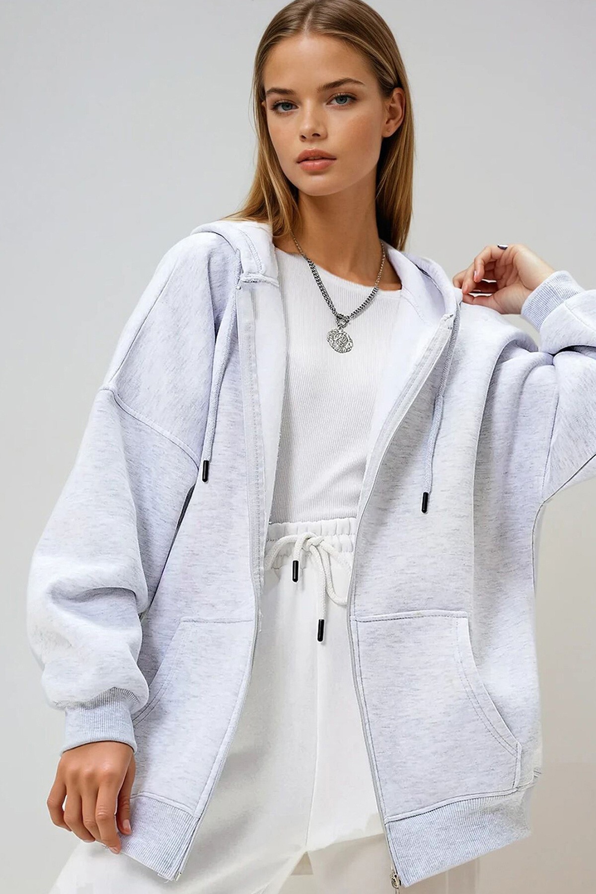 Karmelanj Kapüşonlu Kanguru Cepli İçi Şardonlu Fermuarlı Sweatshırt