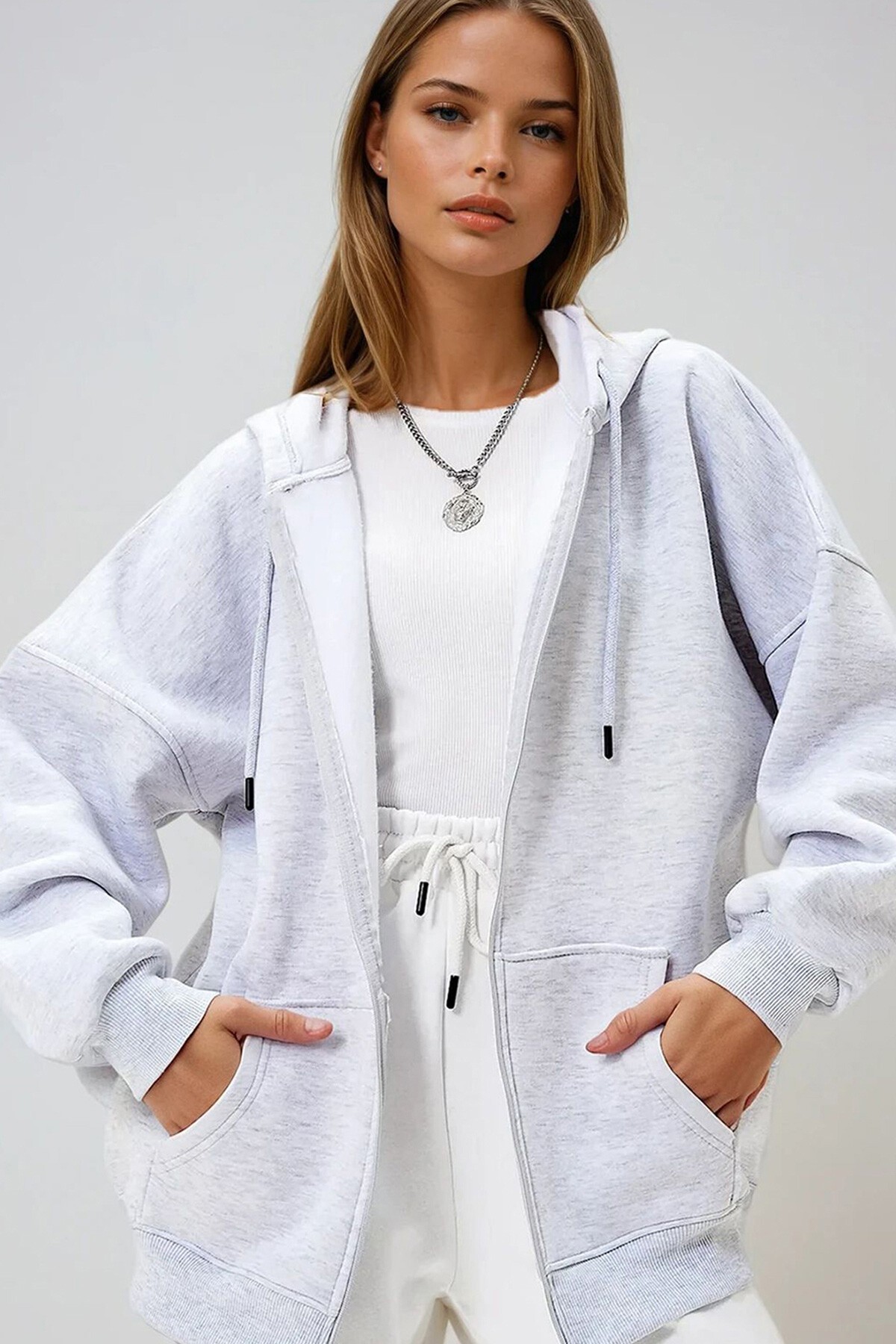 Karmelanj Kapüşonlu Kanguru Cepli İçi Şardonlu Fermuarlı Sweatshırt