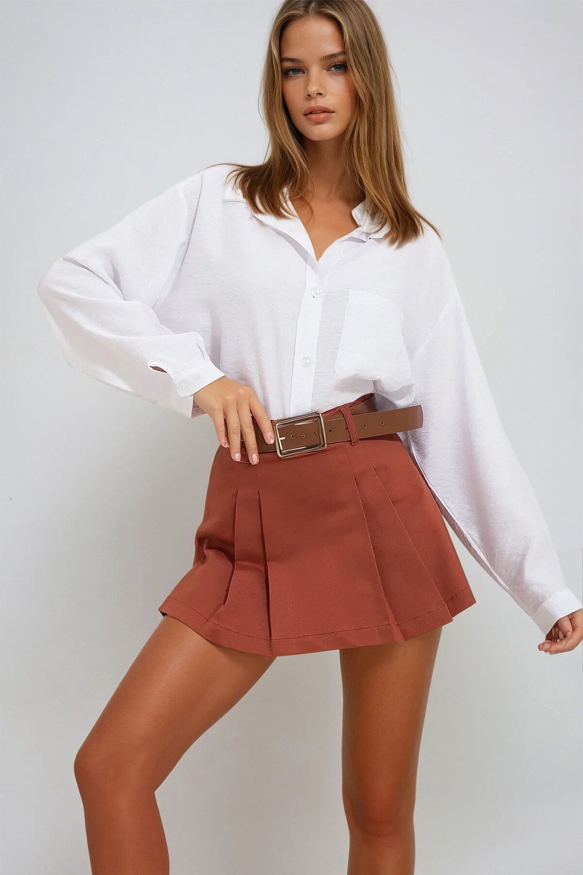 Kiremit Beli Kemerli Pileli Gabardin Şort Etek