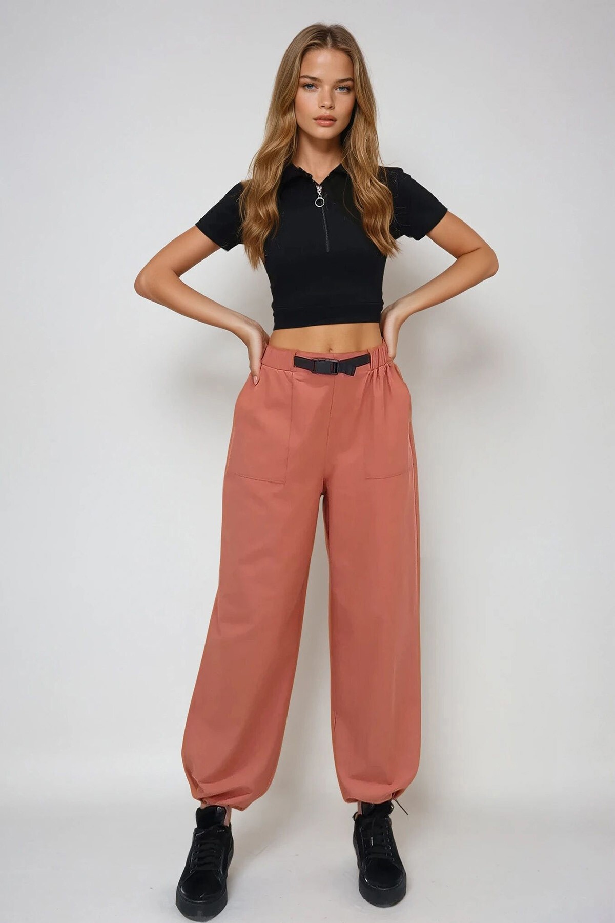 Kiremit Çift Cepli Paçası Lastikli Kemer Detaylı Yazlık Jogger Pantolon