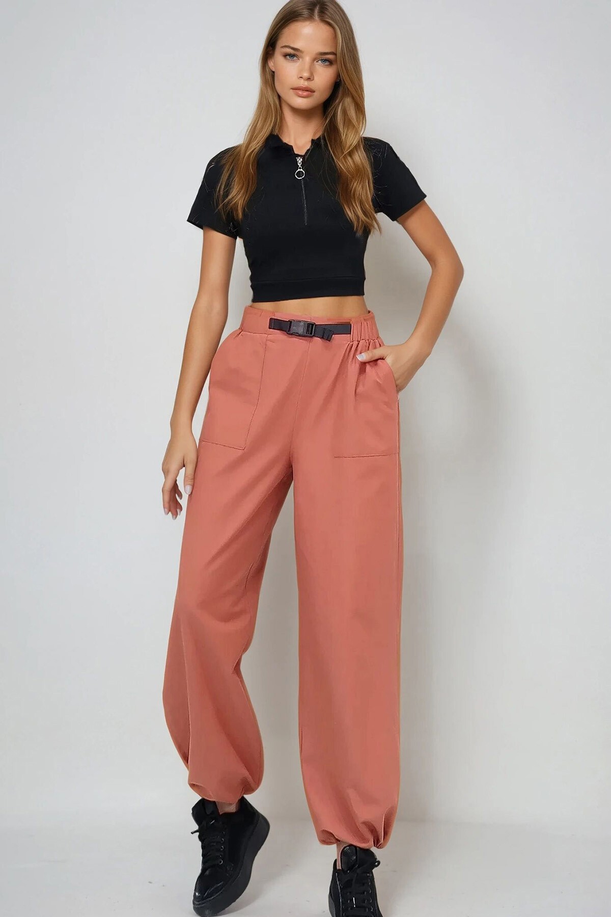 Kiremit Çift Cepli Paçası Lastikli Kemer Detaylı Yazlık Jogger Pantolon