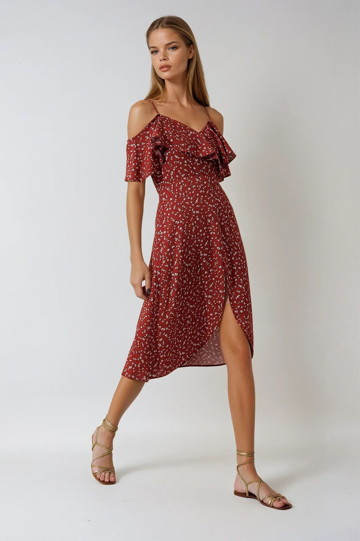 Kiremit İp Askılı Önü Fırfırlı Çiçek Desenli Dokuma Elbise